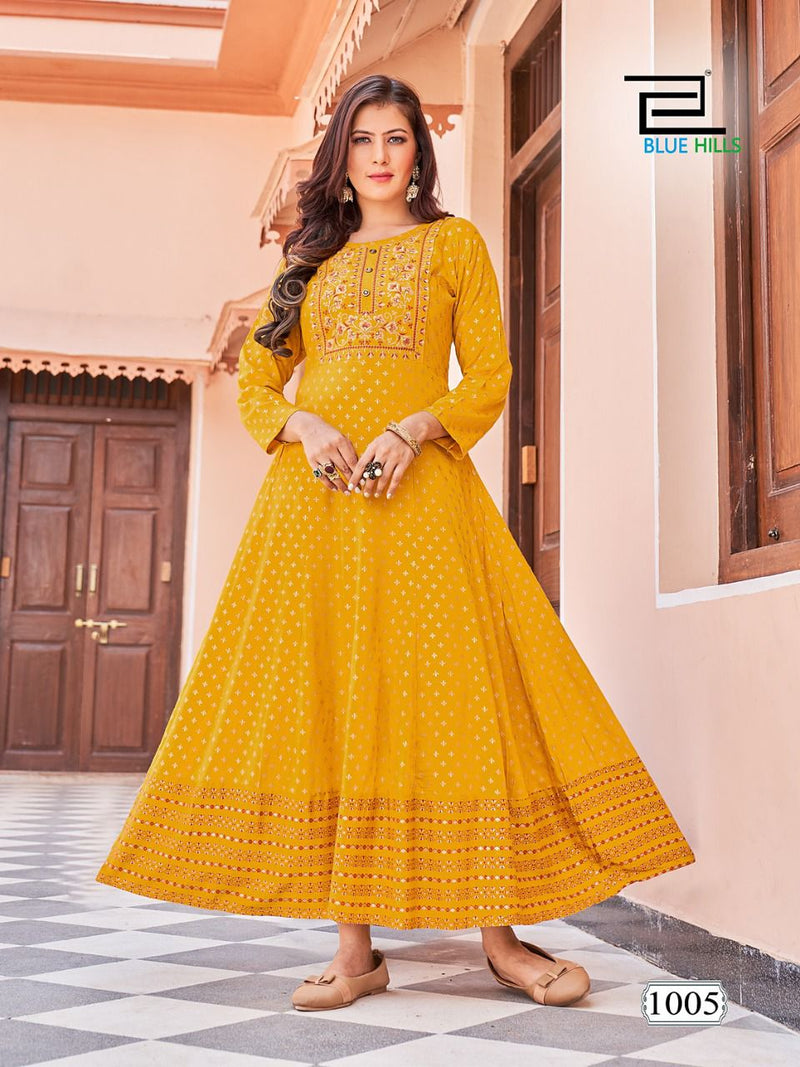 Blue Hills Encounter Rayon Foil Print Anarkali Gown With Embroidery Work Stylish Designer Casual Kurti