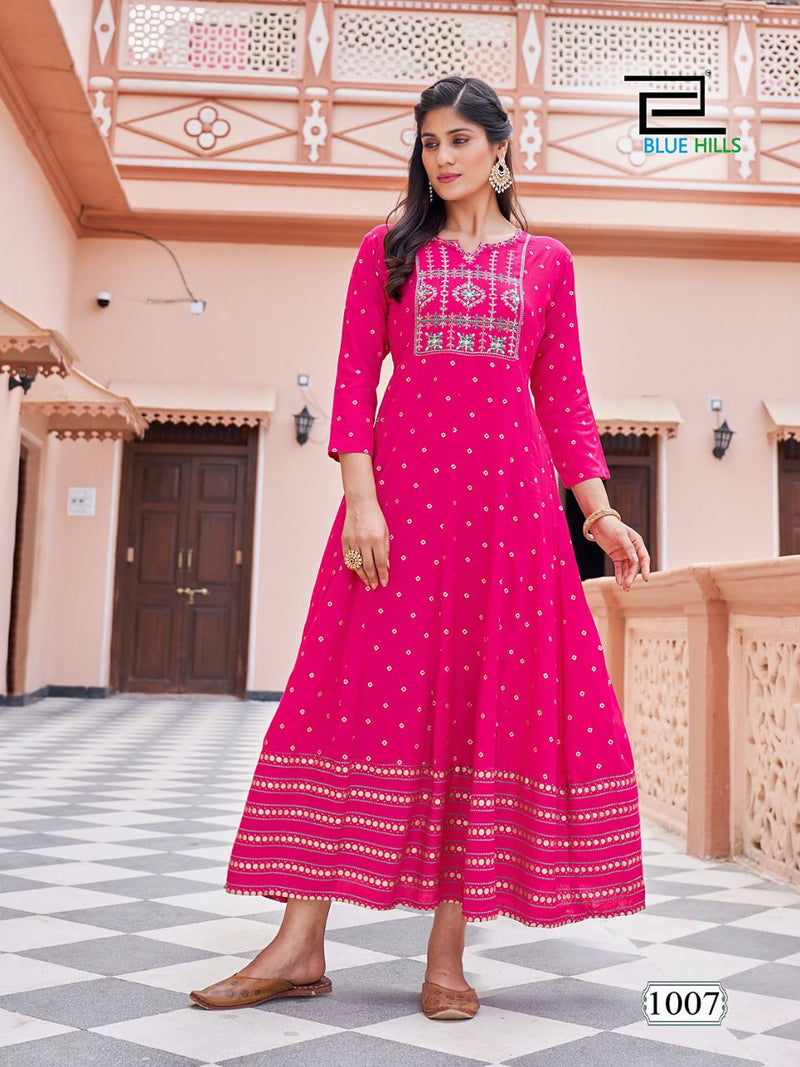 Blue Hills Encounter Rayon Foil Print Anarkali Gown With Embroidery Work Stylish Designer Casual Kurti