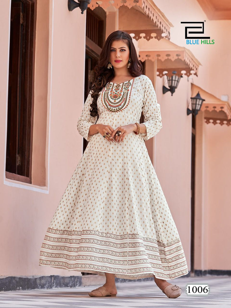 Blue Hills Encounter Rayon Foil Print Anarkali Gown With Embroidery Work Stylish Designer Casual Kurti