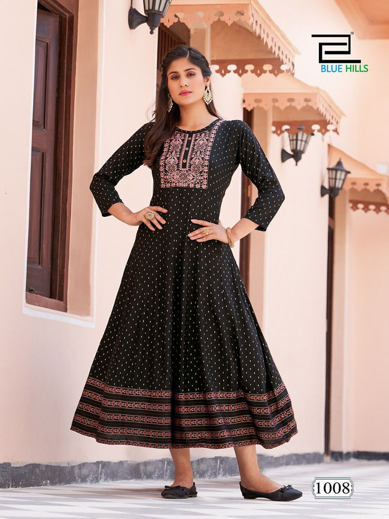 Blue Hills Encounter Rayon Foil Print Anarkali Gown With Embroidery Work Stylish Designer Casual Kurti