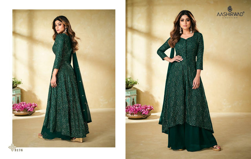 Aashirwad Creation Ethnic Real Georgette Designer Long Wedding Wear Kurtis With Plazo Bottom And Dupatta