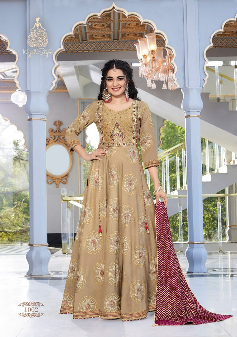 Kajal Style Fashion Hirava Vol 1 Rayon Designer Fancy Long Gown Style Wedding Wear Kurtis Collection