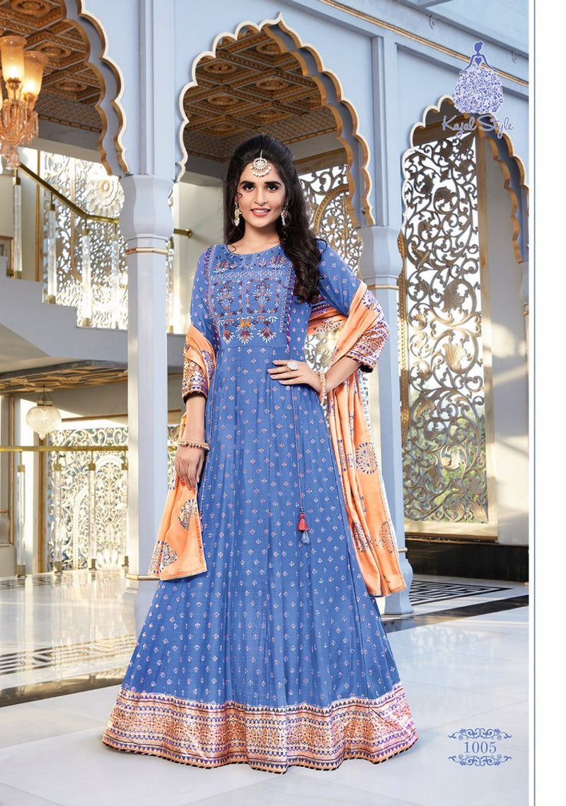 Kajal Style Fashion Hirava Vol 1 Rayon Designer Fancy Long Gown Style Wedding Wear Kurtis Collection