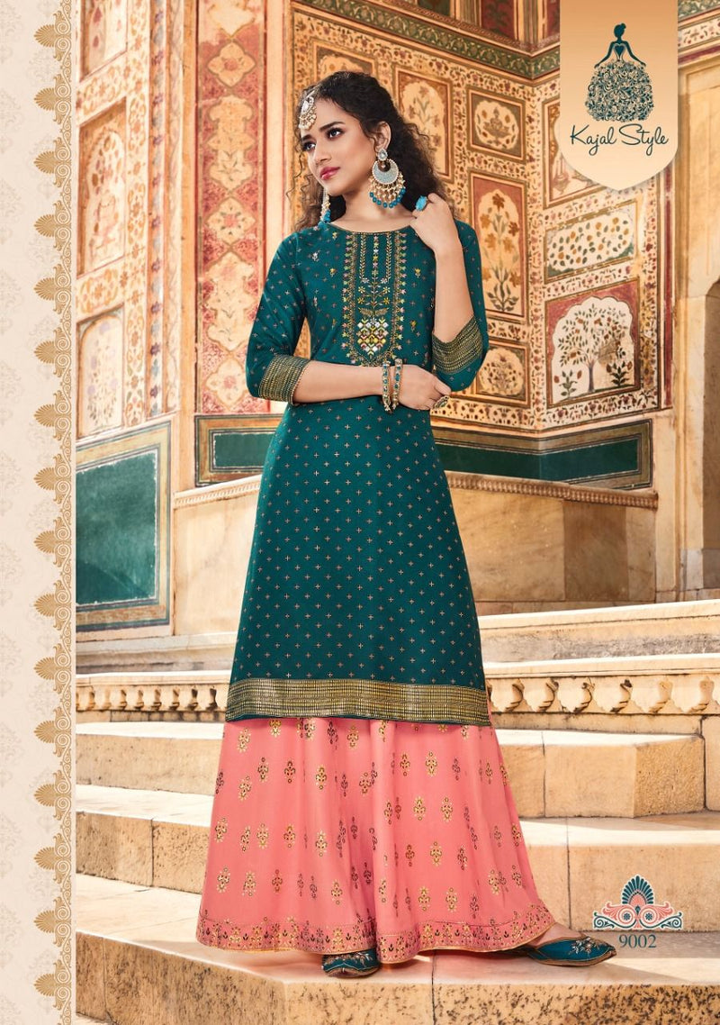 Kajal Style Fashion Label Vol 9 Fancy Stylish  Rayon Party Wear Kurtis With Sharara Style Bottom