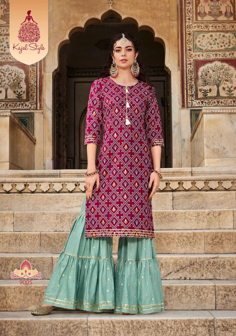 Kajal Style Fashion Label Vol 9 Fancy Stylish  Rayon Party Wear Kurtis With Sharara Style Bottom