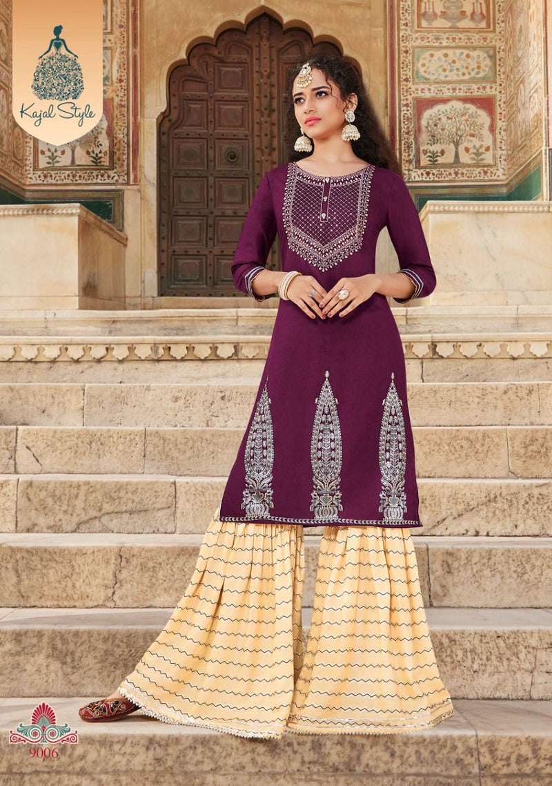 Kajal Style Fashion Label Vol 9 Fancy Stylish  Rayon Party Wear Kurtis With Sharara Style Bottom
