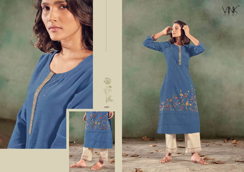 Vink Feathers Linen Cotton Fancy Kurtis With Bottom