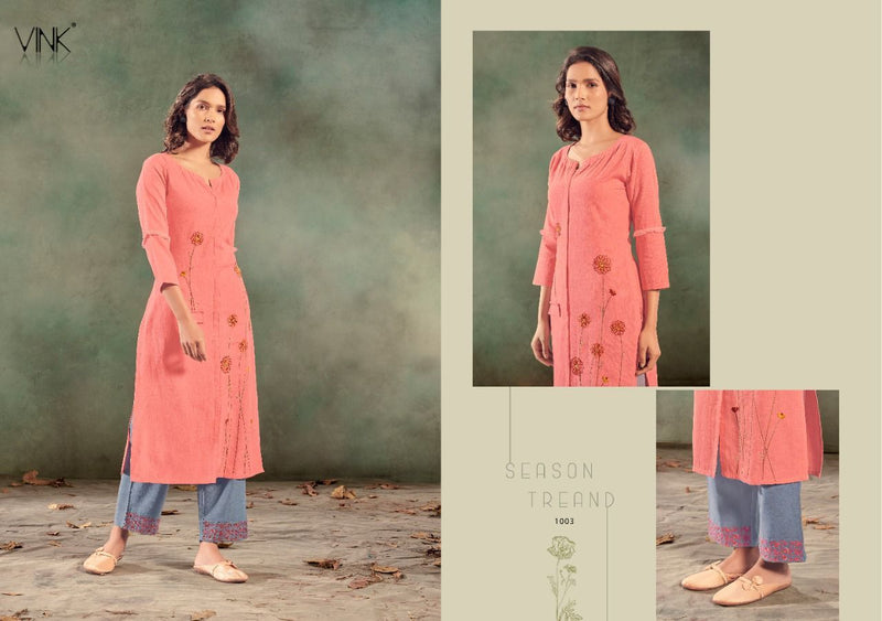 Vink Feathers Linen Cotton Fancy Kurtis With Bottom