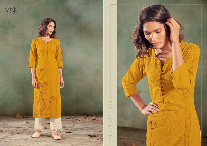 Vink Feathers Linen Cotton Fancy Kurtis With Bottom