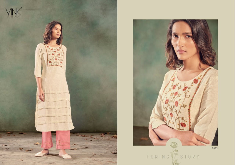 Vink Feathers Linen Cotton Fancy Kurtis With Bottom