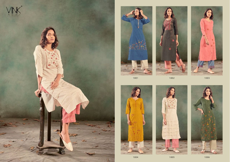 Vink Feathers Linen Cotton Fancy Kurtis With Bottom