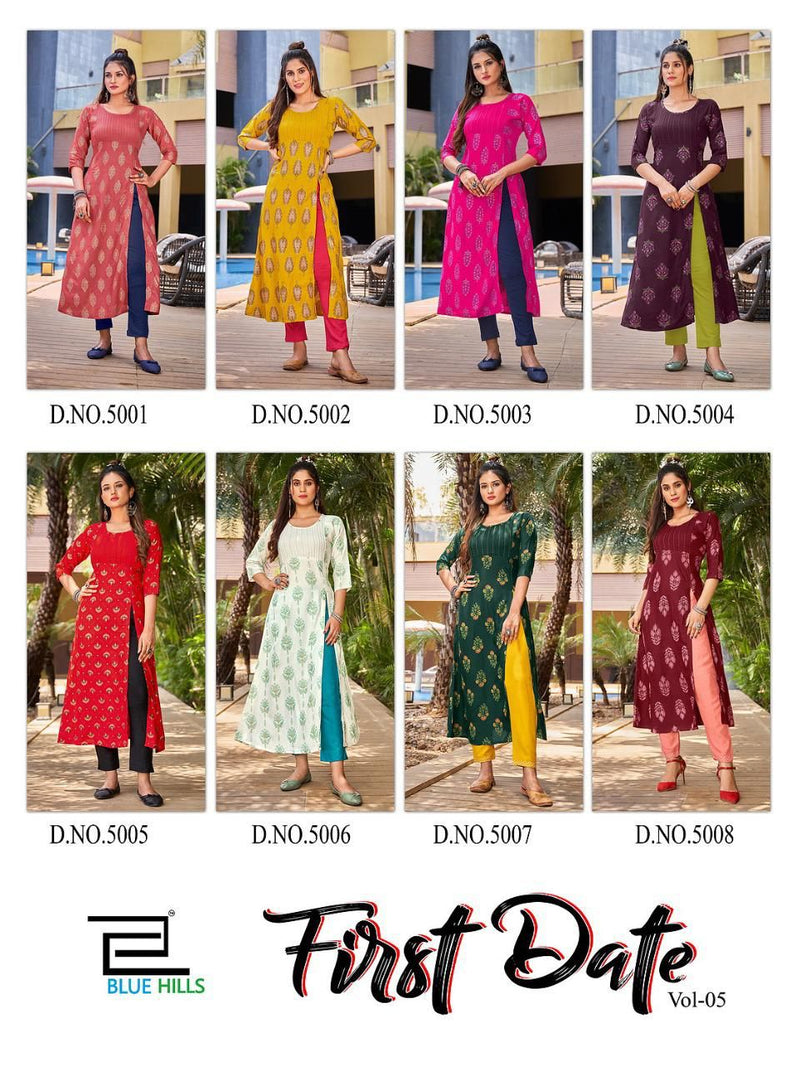 Blue Hills First Date Vol 5 Rayon Side Cut Patterns Fancy Party Wear Kurtis