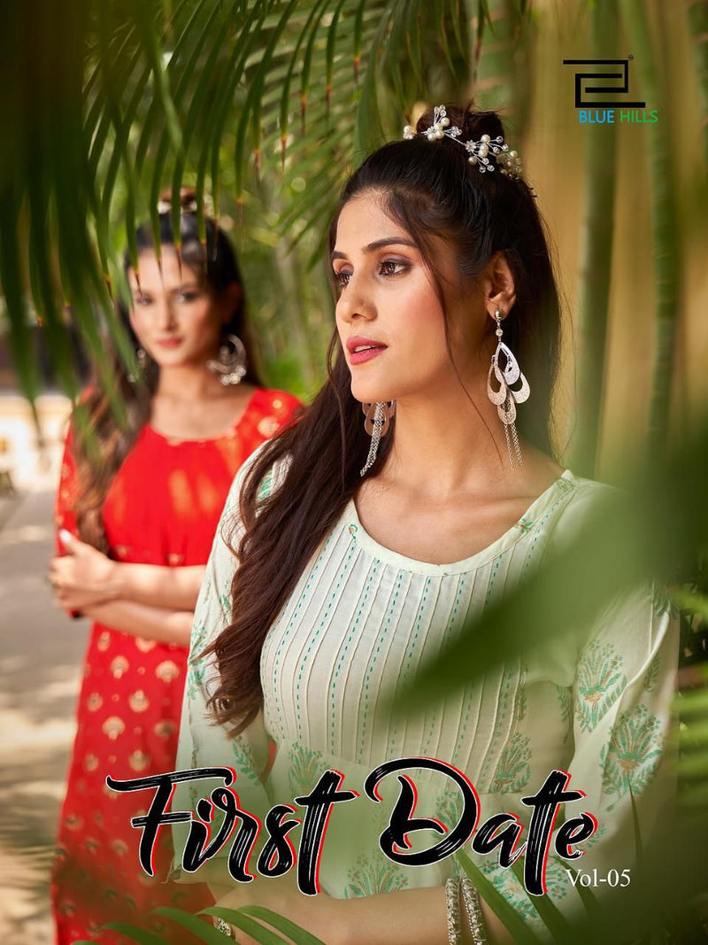 Blue Hills First Date Vol 5 Rayon Side Cut Patterns Fancy Party Wear Kurtis