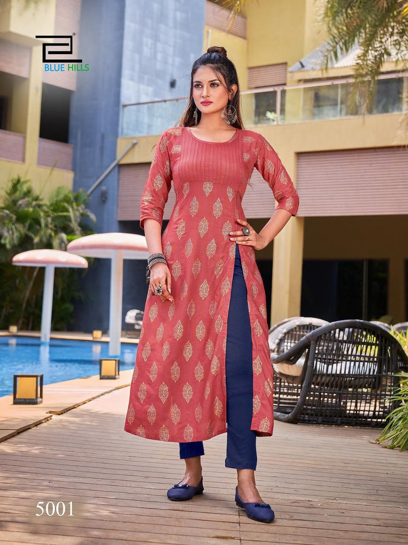 Blue Hills First Date Vol 5 Rayon Side Cut Patterns Fancy Party Wear Kurtis