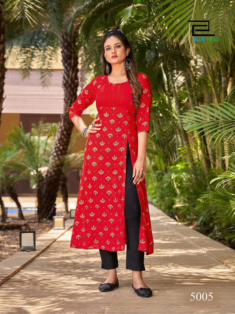 Blue Hills First Date Vol 5 Rayon Side Cut Patterns Fancy Party Wear Kurtis