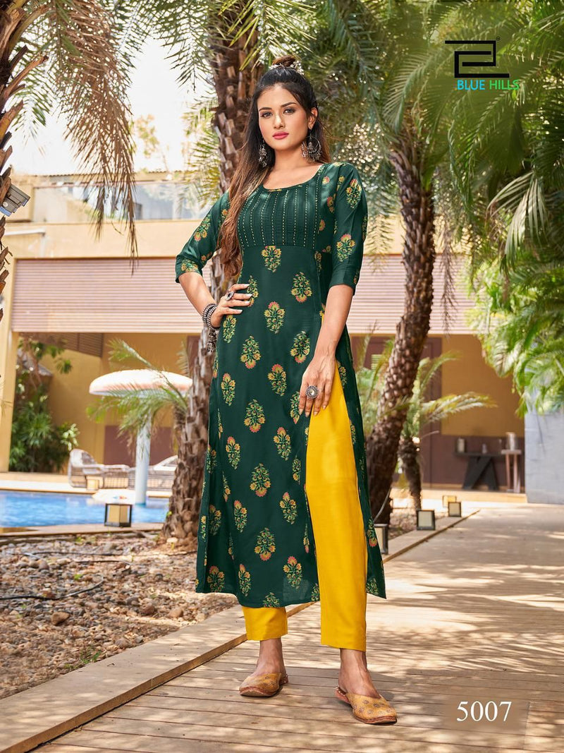 Blue Hills First Date Vol 5 Rayon Side Cut Patterns Fancy Party Wear Kurtis