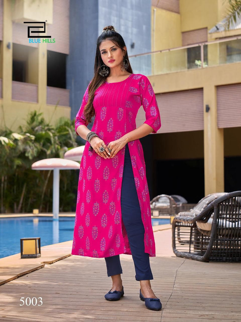 Blue Hills First Date Vol 5 Rayon Side Cut Patterns Fancy Party Wear Kurtis