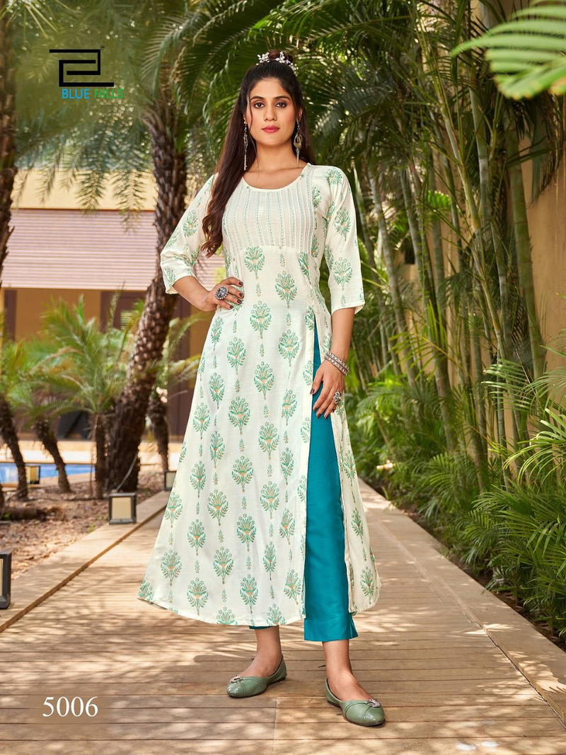 Blue Hills First Date Vol 5 Rayon Side Cut Patterns Fancy Party Wear Kurtis