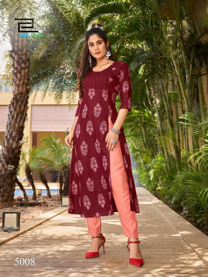 Blue Hills First Date Vol 5 Rayon Side Cut Patterns Fancy Party Wear Kurtis