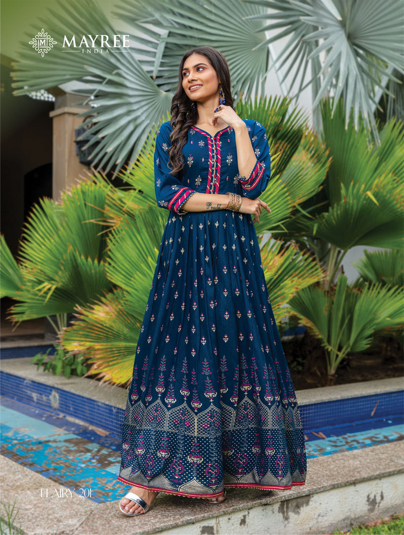 Mayree India Flairy Vol 2 Silk Printed Long Gown Style Festive Wear Kurtis