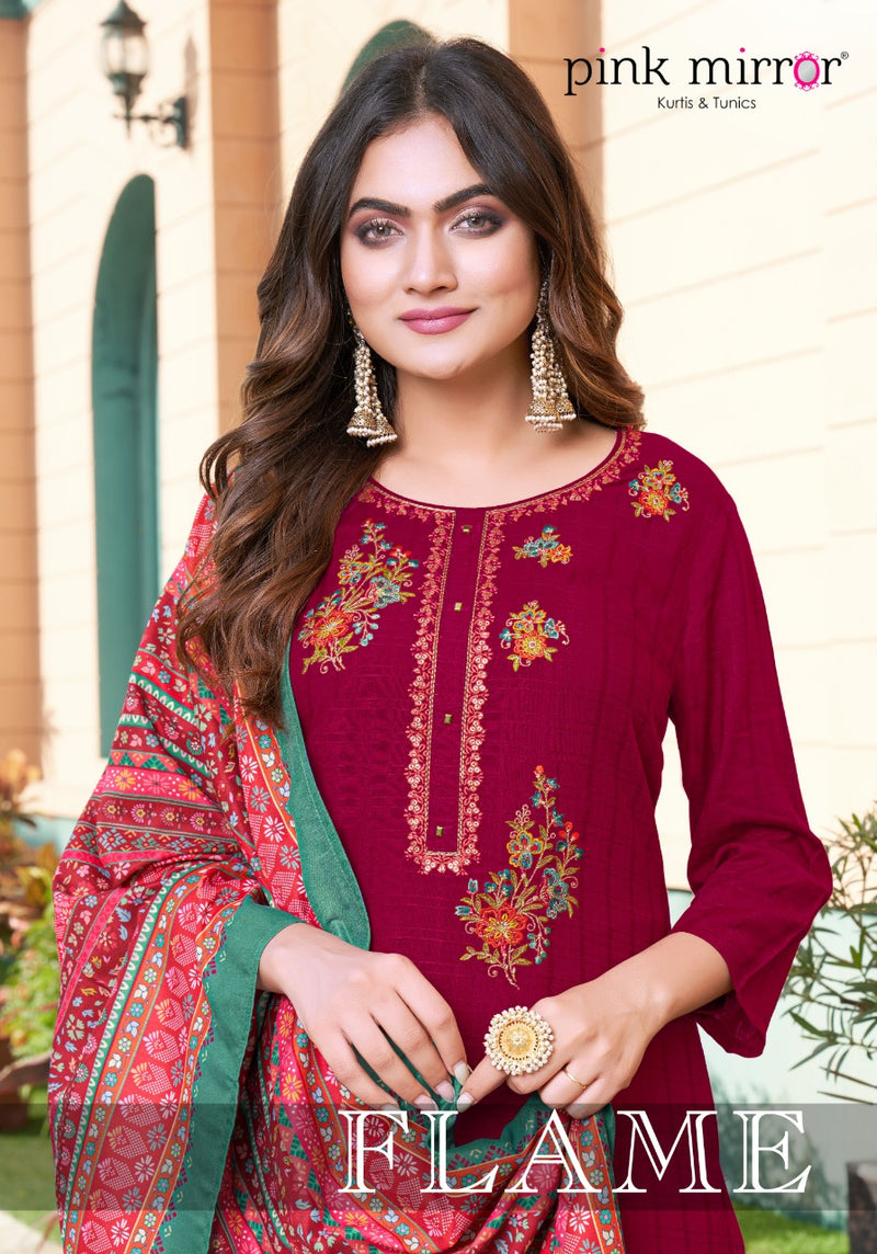 Pink Mirror Flame Viscose With Beautiful Work Stylish Designer Festive Wear Kurti