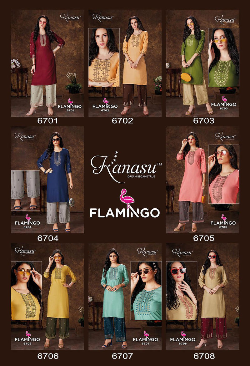 Kanasu Kurti Flamingo Vol 2 Rayon Party Wear Embroidered Kurtis With  Bottom