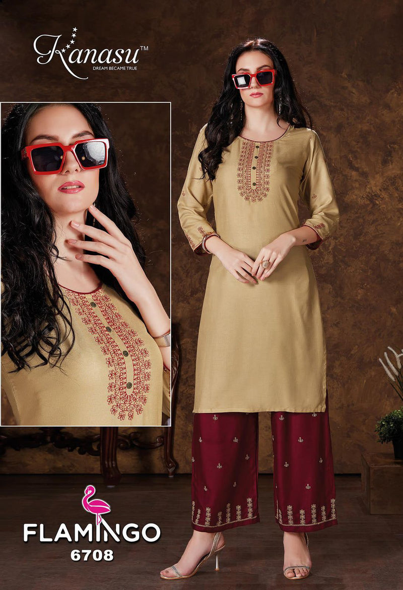 Kanasu Kurti Flamingo Vol 2 Rayon Party Wear Embroidered Kurtis With  Bottom
