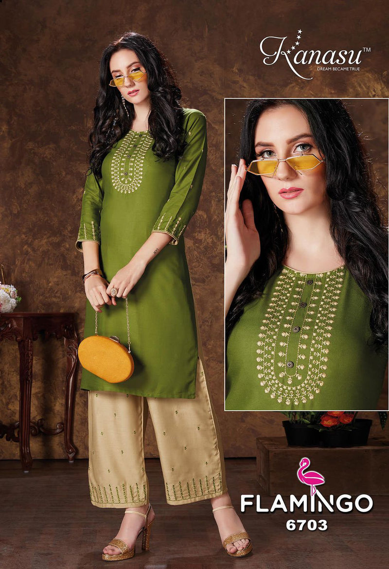 Kanasu Kurti Flamingo Vol 2 Rayon Party Wear Embroidered Kurtis With  Bottom
