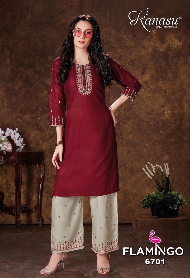 Kanasu Kurti Flamingo Vol 2 Rayon Party Wear Embroidered Kurtis With  Bottom