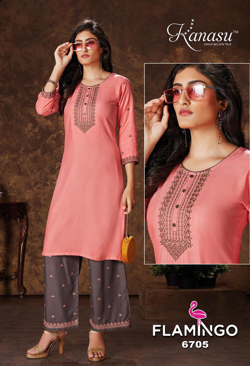 Kanasu Kurti Flamingo Vol 2 Rayon Party Wear Embroidered Kurtis With  Bottom