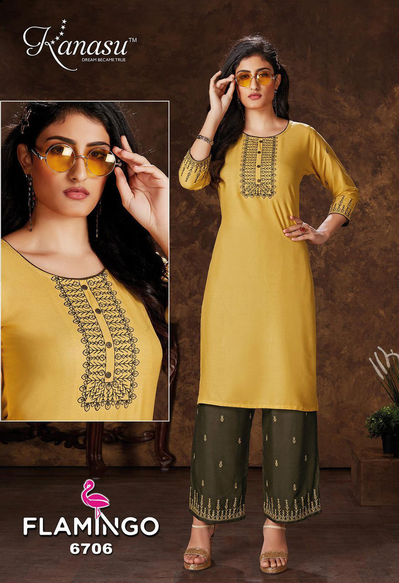 Kanasu Kurti Flamingo Vol 2 Rayon Party Wear Embroidered Kurtis With  Bottom