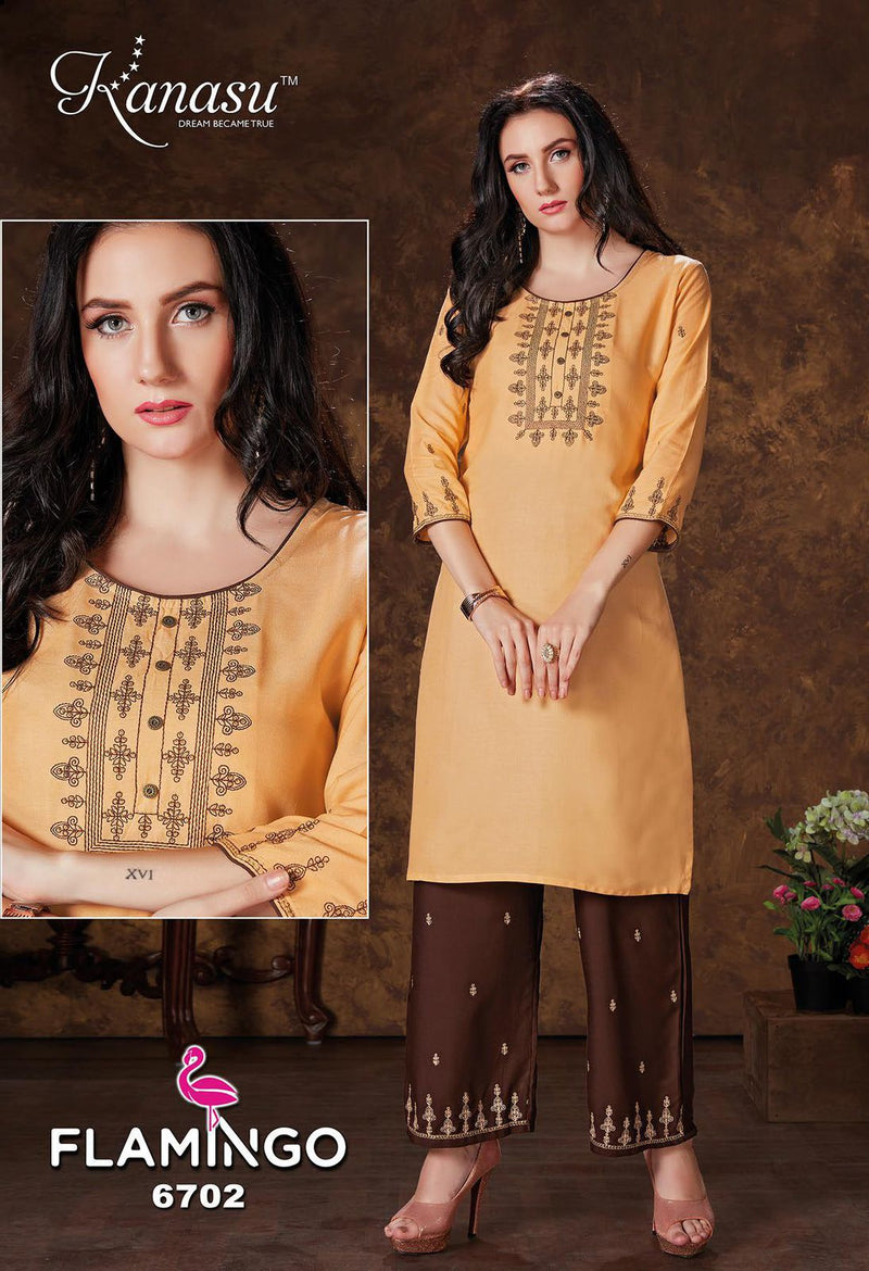 Kanasu Kurti Flamingo Vol 2 Rayon Party Wear Embroidered Kurtis With  Bottom