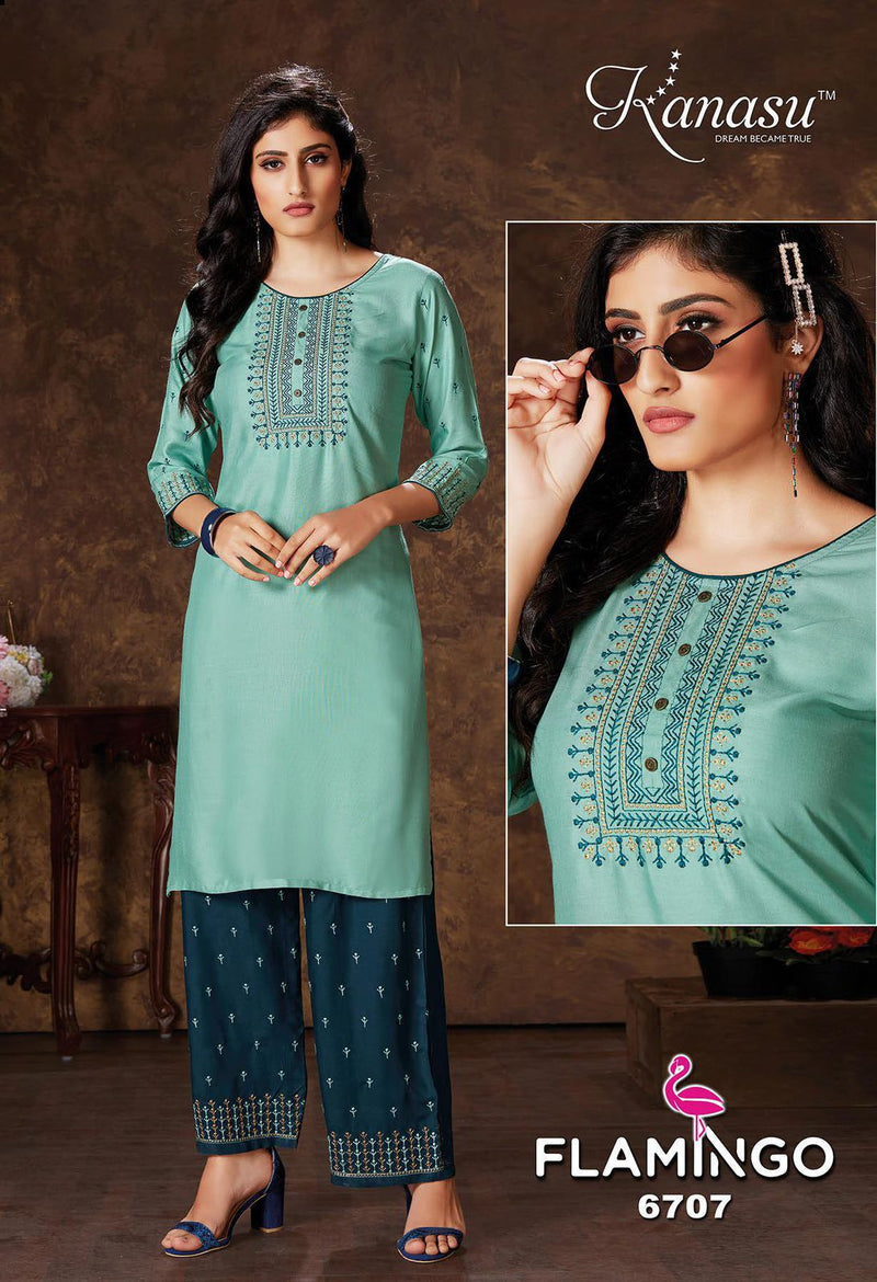 Kanasu Kurti Flamingo Vol 2 Rayon Party Wear Embroidered Kurtis With  Bottom
