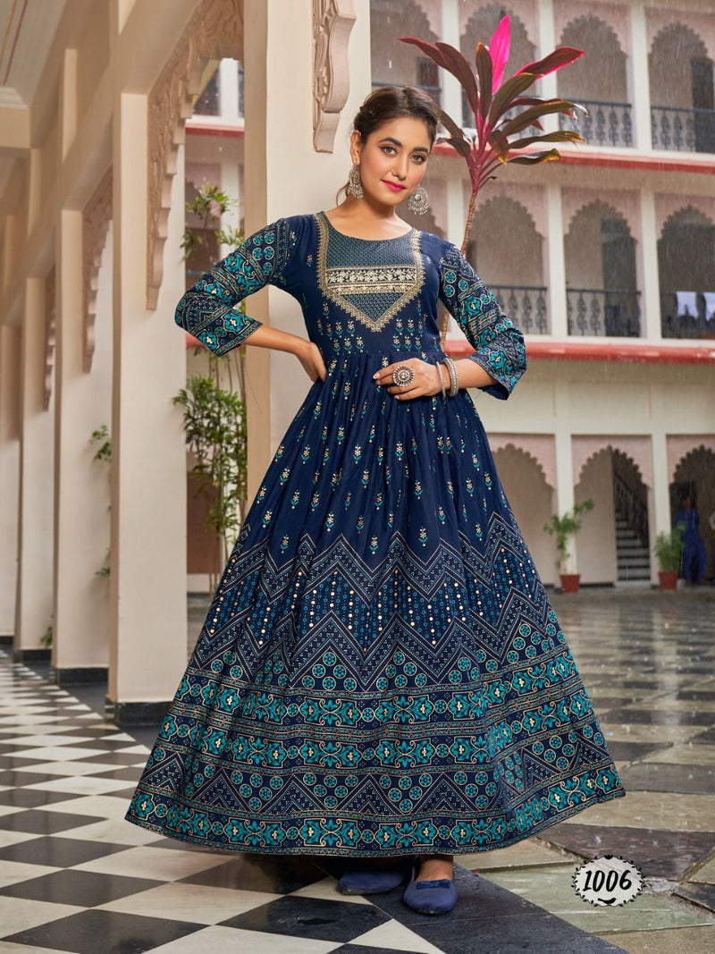 Banwery Flora Rayon With Foil Printed Work Stylish Designer Fancy Long Gown