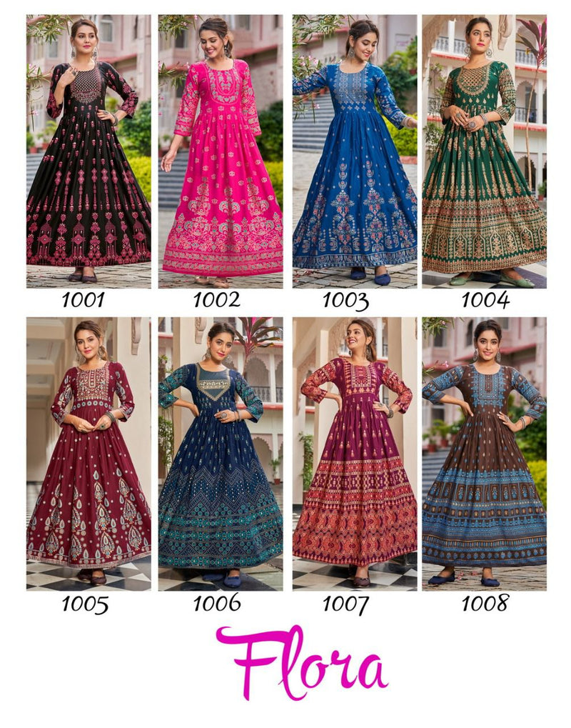 Banwery Flora Rayon With Foil Printed Work Stylish Designer Fancy Long Gown
