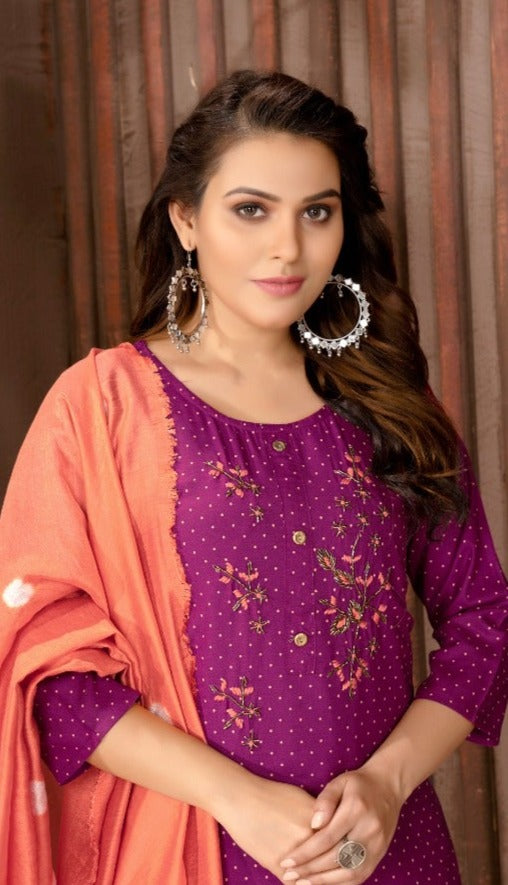 Master Flora Rayon Daniya Print Ready Made Party Wear  Kurtis Set With Heavy Handwork Embroidery