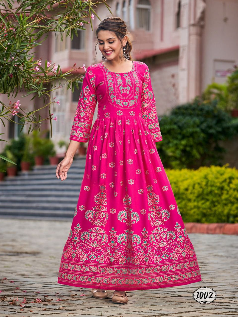 Banwery Flora Rayon With Foil Printed Work Stylish Designer Fancy Long Gown