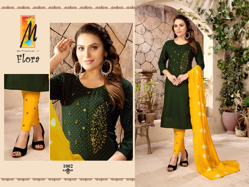 Master Flora Rayon Daniya Print Ready Made Party Wear  Kurtis Set With Heavy Handwork Embroidery