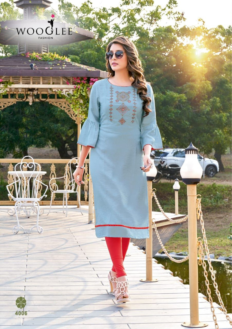 Wooglee Flora Viscose Weaving Stripes Fancy Stylish Party Wear Kurtis