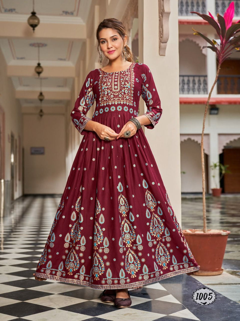 Banwery Flora Rayon With Foil Printed Work Stylish Designer Fancy Long Gown