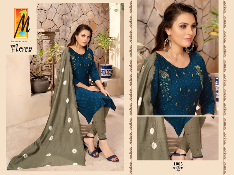 Master Flora Rayon Daniya Print Ready Made Party Wear  Kurtis Set With Heavy Handwork Embroidery
