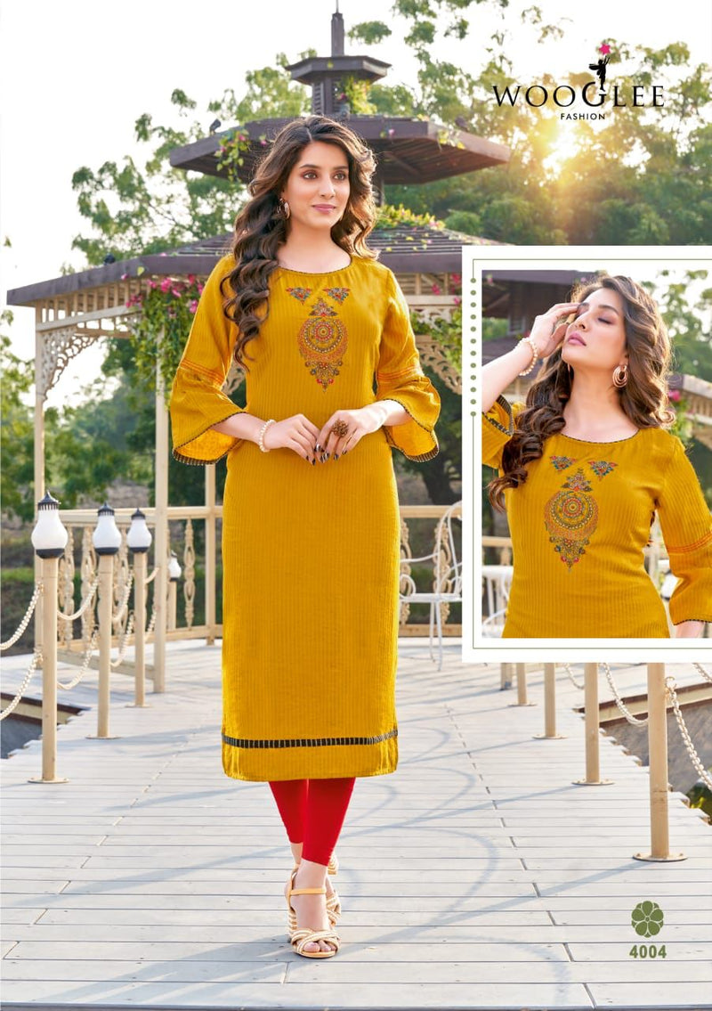 Wooglee Flora Viscose Weaving Stripes Fancy Stylish Party Wear Kurtis