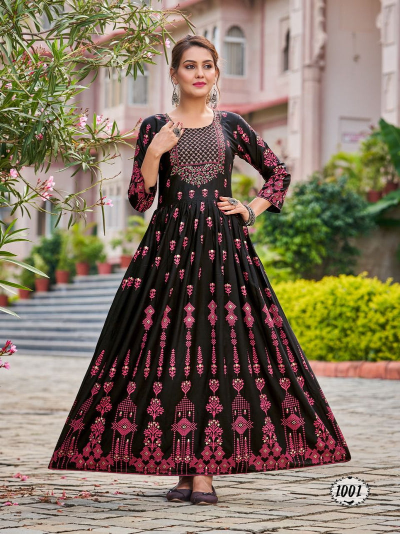 Banwery Flora Rayon With Foil Printed Work Stylish Designer Fancy Long Gown