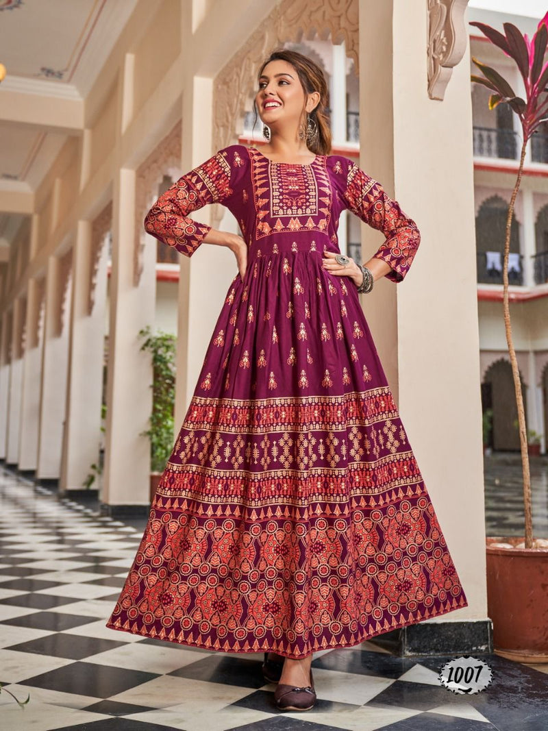 Banwery Flora Rayon With Foil Printed Work Stylish Designer Fancy Long Gown