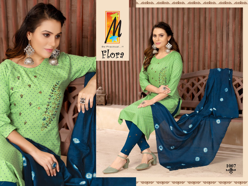 Master Flora Rayon Daniya Print Ready Made Party Wear  Kurtis Set With Heavy Handwork Embroidery