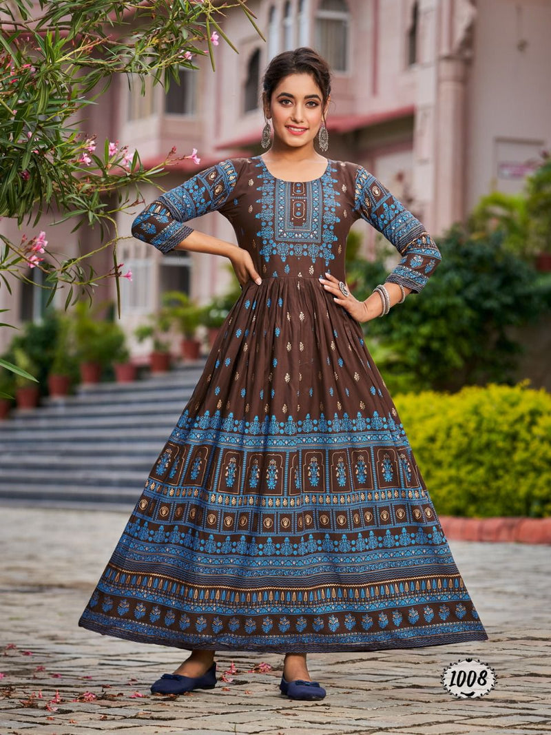 Banwery Flora Rayon With Foil Printed Work Stylish Designer Fancy Long Gown
