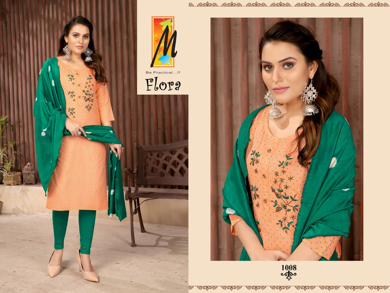 Master Flora Rayon Daniya Print Ready Made Party Wear  Kurtis Set With Heavy Handwork Embroidery