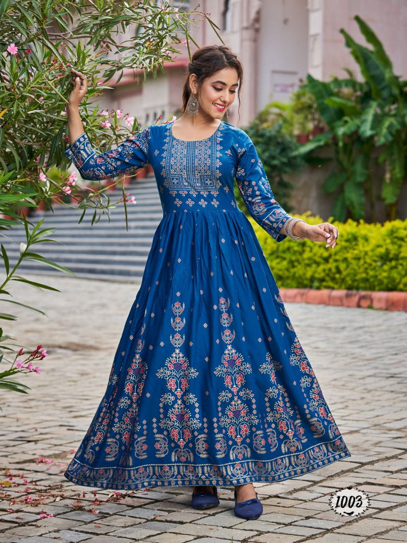 Banwery Flora Rayon With Foil Printed Work Stylish Designer Fancy Long Gown