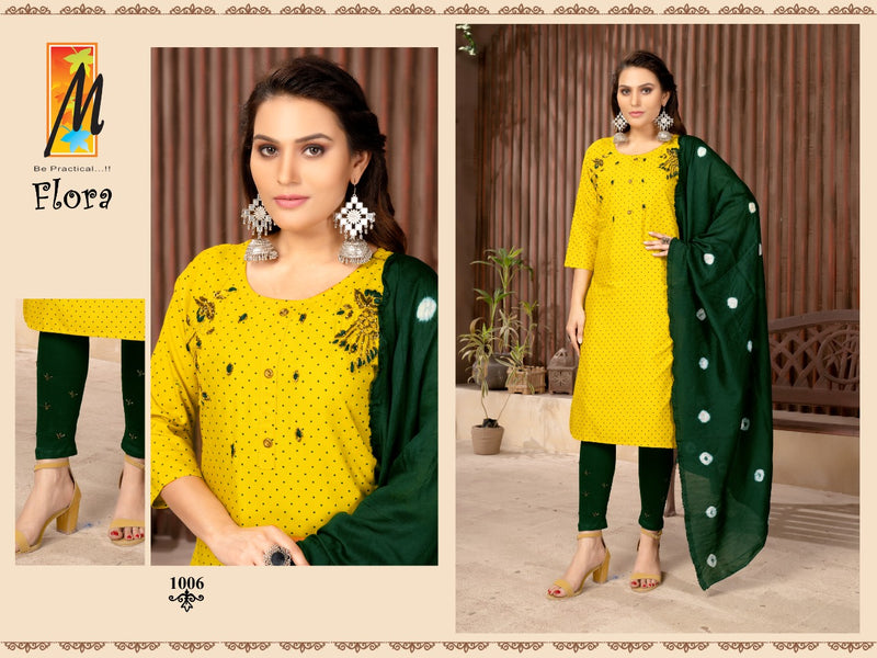 Master Flora Rayon Daniya Print Ready Made Party Wear  Kurtis Set With Heavy Handwork Embroidery