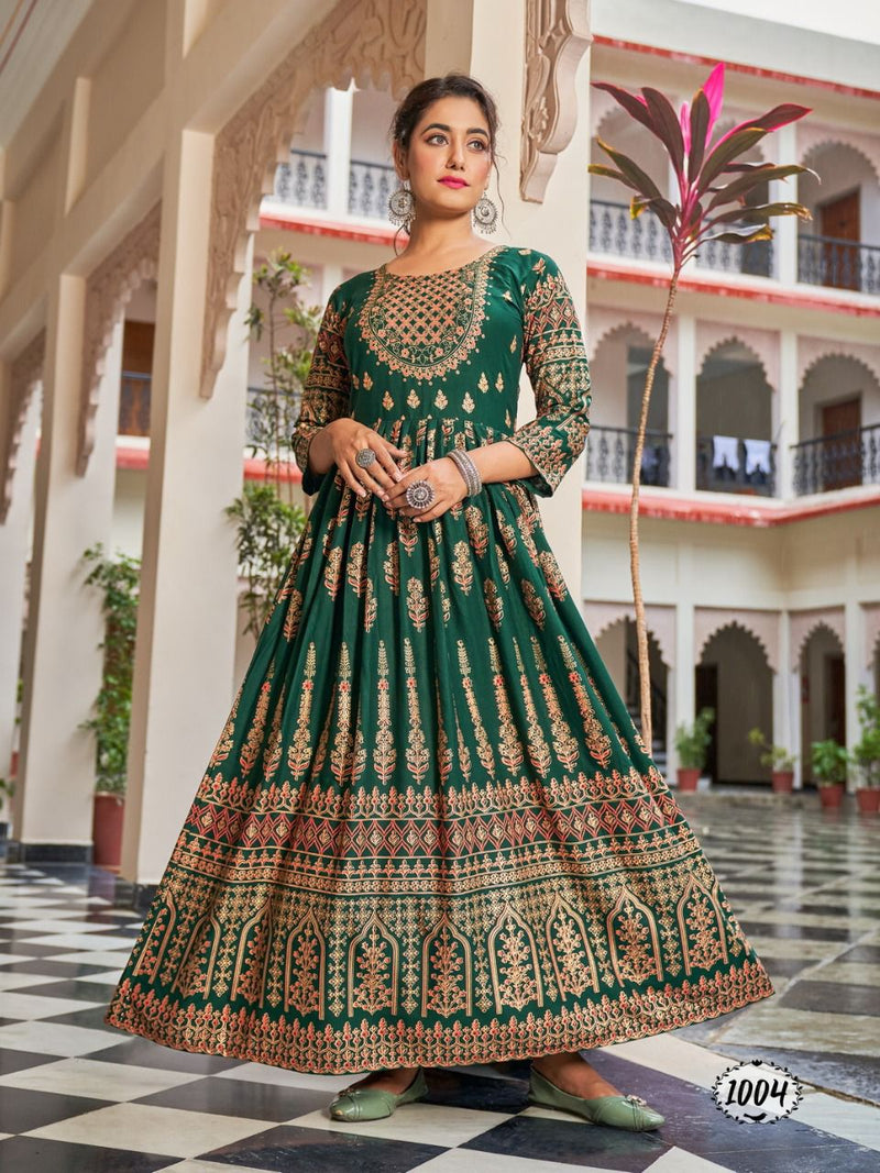 Banwery Flora Rayon With Foil Printed Work Stylish Designer Fancy Long Gown